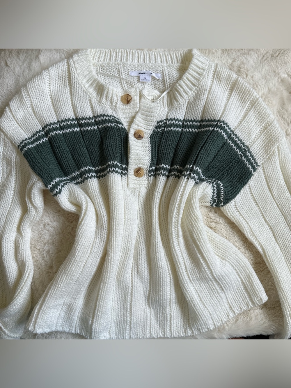 O'Neill Cream Crewneck Sweater with Green Chest Stripe